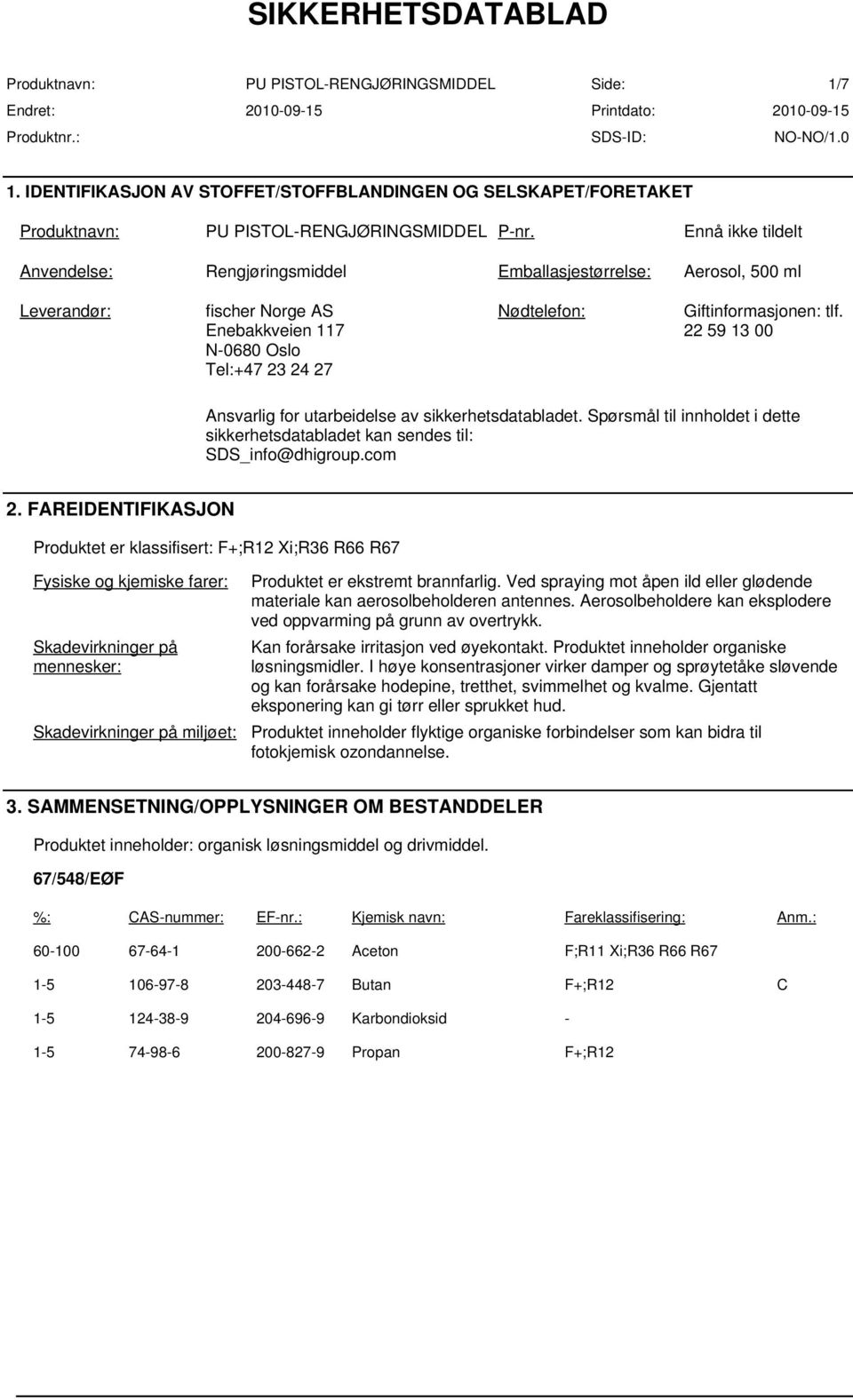 22 59 13 00 Ansvarlig for utarbeidelse av sikkerhetsdatabladet. Spørsmål til innholdet i dette sikkerhetsdatabladet kan sendes til: SDS_info@dhigroup.com 2.