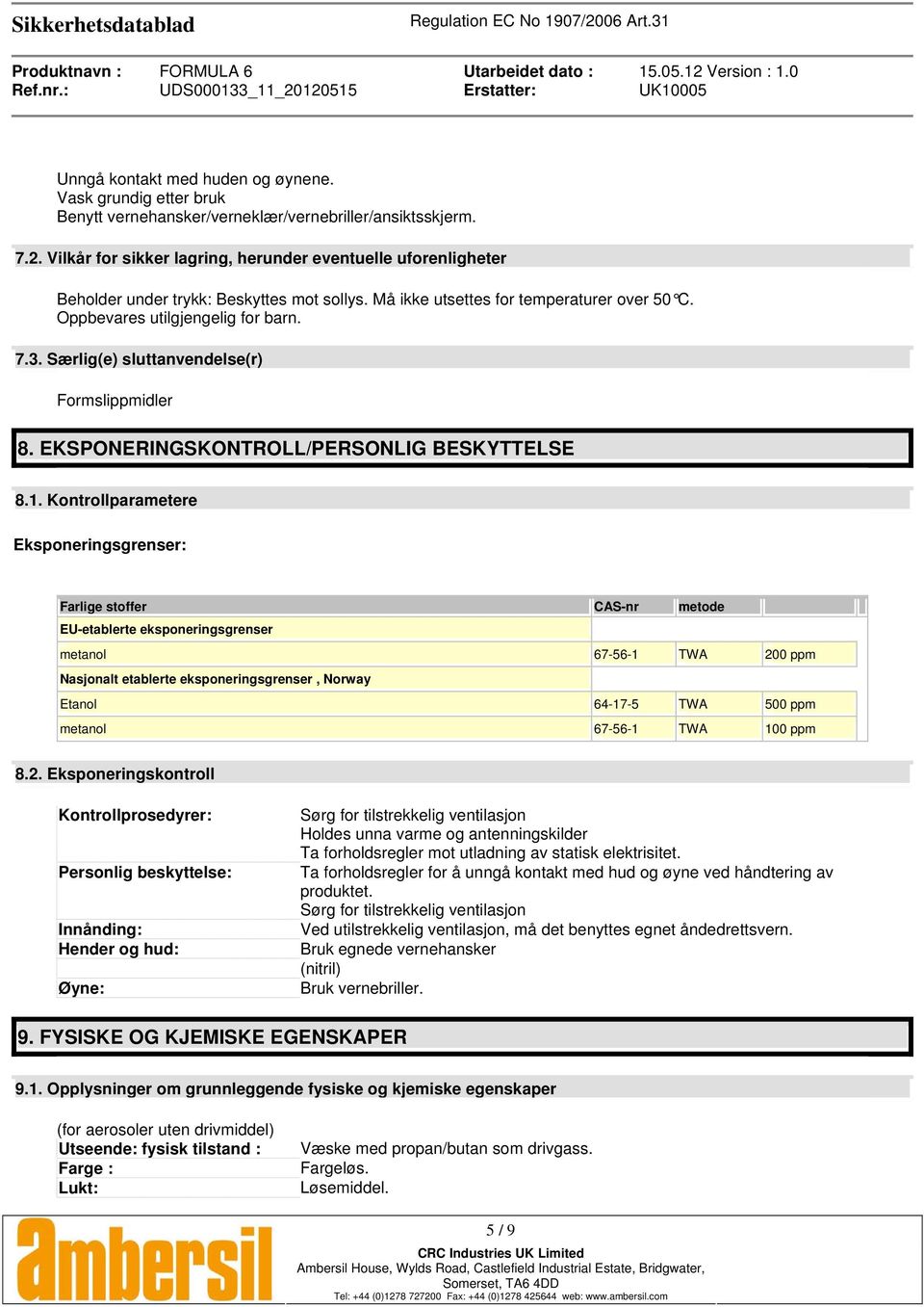 Særlig(e) sluttanvendelse(r) Formslippmidler 8. EKSPONERINGSKONTROLL/PERSONLIG BESKYTTELSE 8.1.