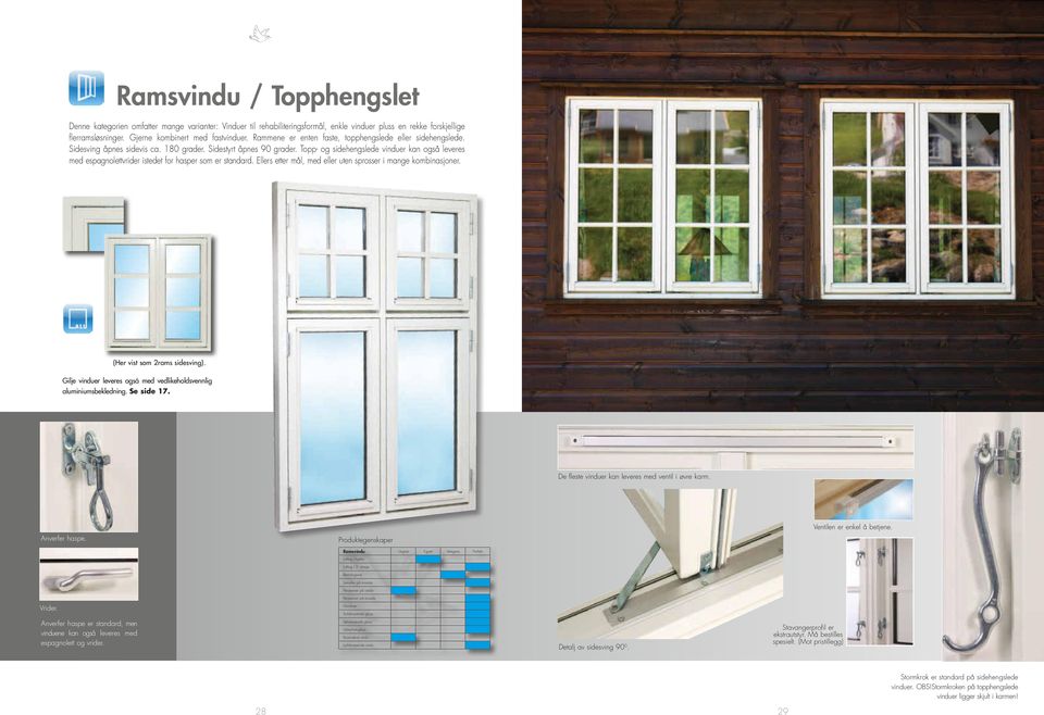 Topp- og sidehengslede vinduer kan også leveres med espagnolettvrider istedet for hasper som er standard. Ellers etter mål, med eller uten sprosser i mange kombinasjoner.