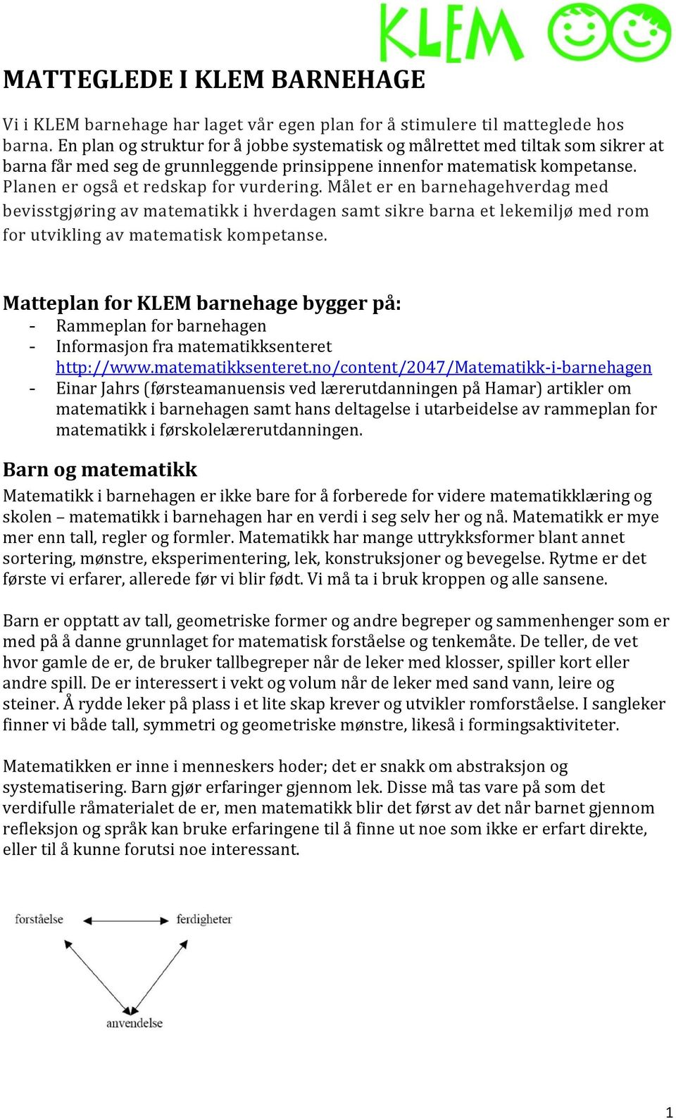 Planen er også et redskap for vurdering. Målet er en barnehagehverdag med bevisstgjøring av matematikk i hverdagen samt sikre barna et lekemiljø med rom for utvikling av matematisk kompetanse.