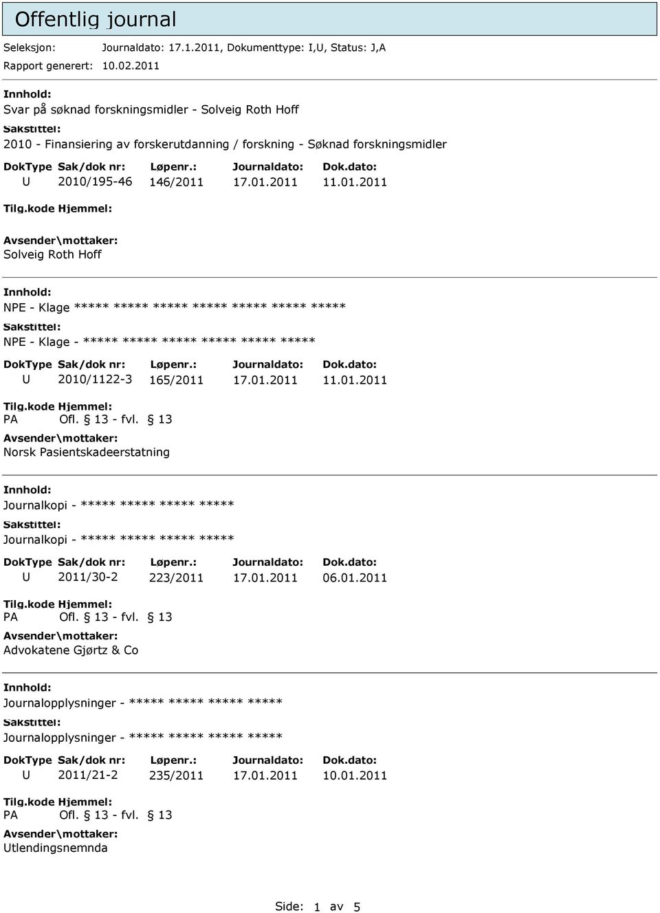 forskningsmidler 2010/195-46 146/2011 Solveig Roth Hoff NPE - Klage NPE - Klage - 2010/1122-3 165/2011 Norsk