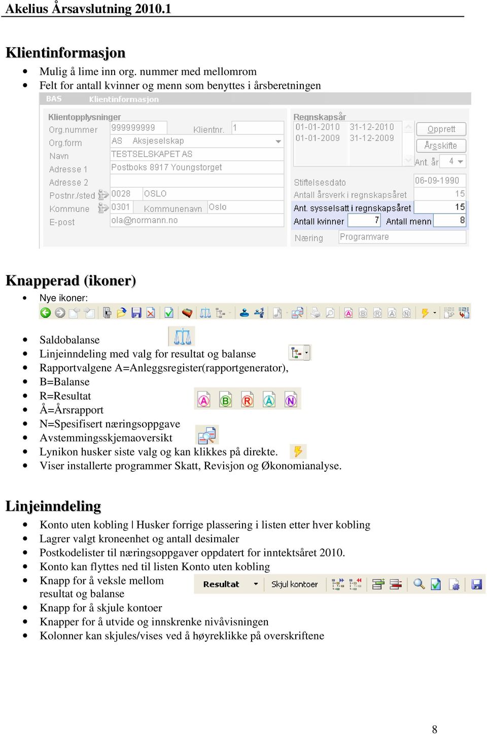 A=Anleggsregister(rapportgenerator), B=Balanse R=Resultat Å=Årsrapport N=Spesifisert næringsoppgave Avstemmingsskjemaoversikt Lynikon husker siste valg og kan klikkes på direkte.