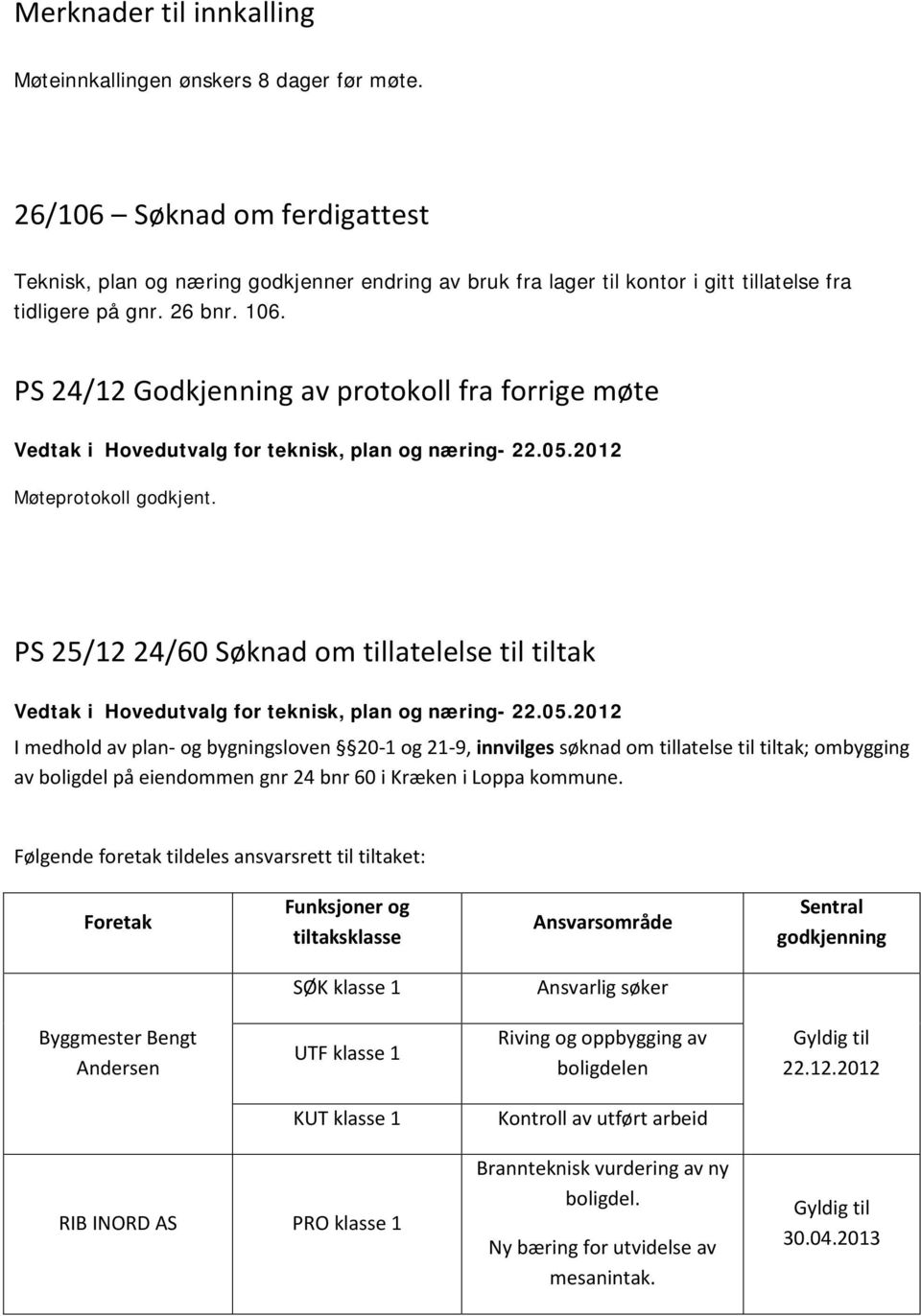 PS 24/12 Godkjenning av protokoll fra forrige møte Møteprotokoll godkjent.