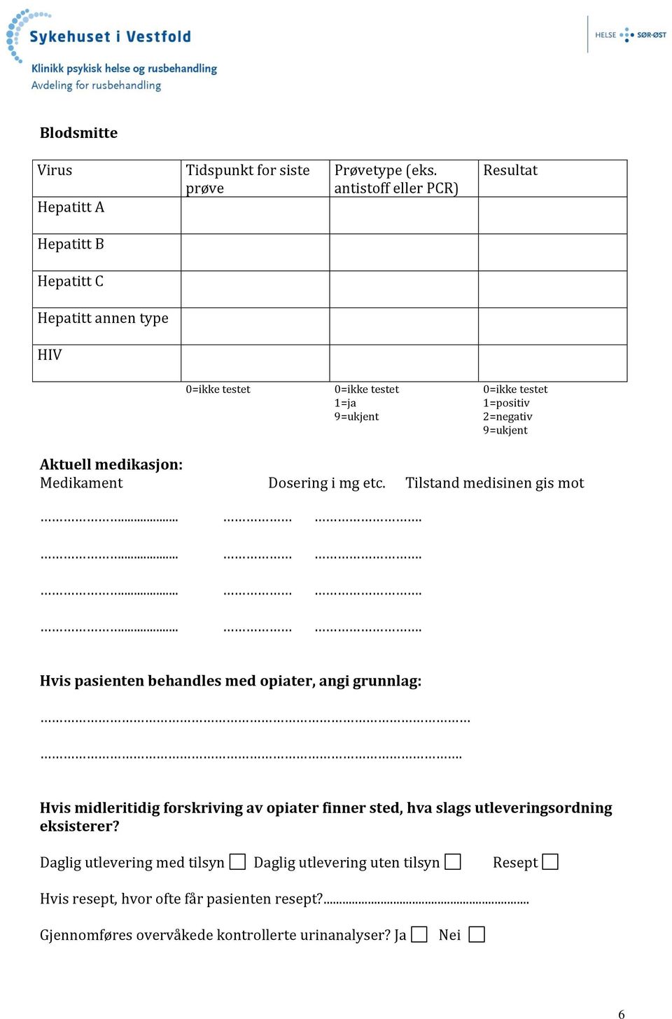 9=ukjent Aktuell medikasjon: Medikament Dosering i mg etc. Tilstand medisinen gis mot.... Hvis pasienten behandles med opiater, angi grunnlag:.