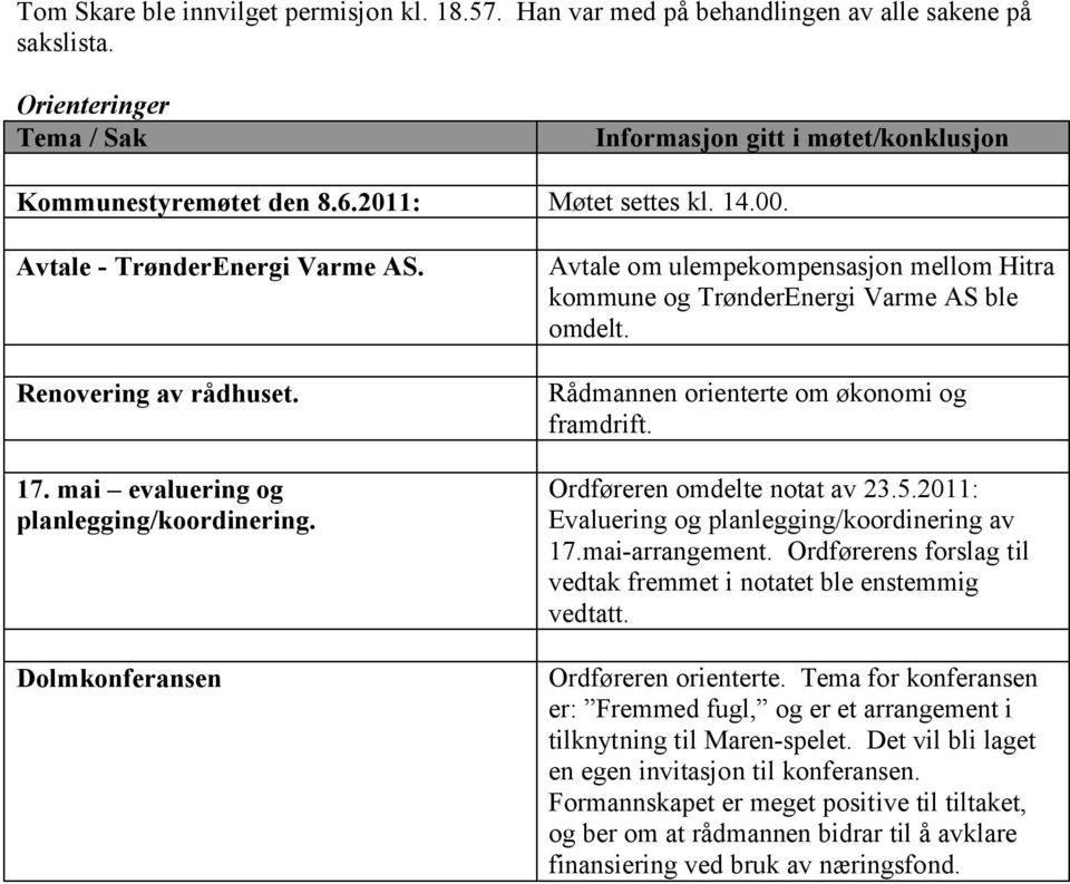 Dolmkonferansen Avtale om ulempekompensasjon mellom Hitra kommune og TrønderEnergi Varme AS ble omdelt. Rådmannen orienterte om økonomi og framdrift. Ordføreren omdelte notat av 23.5.