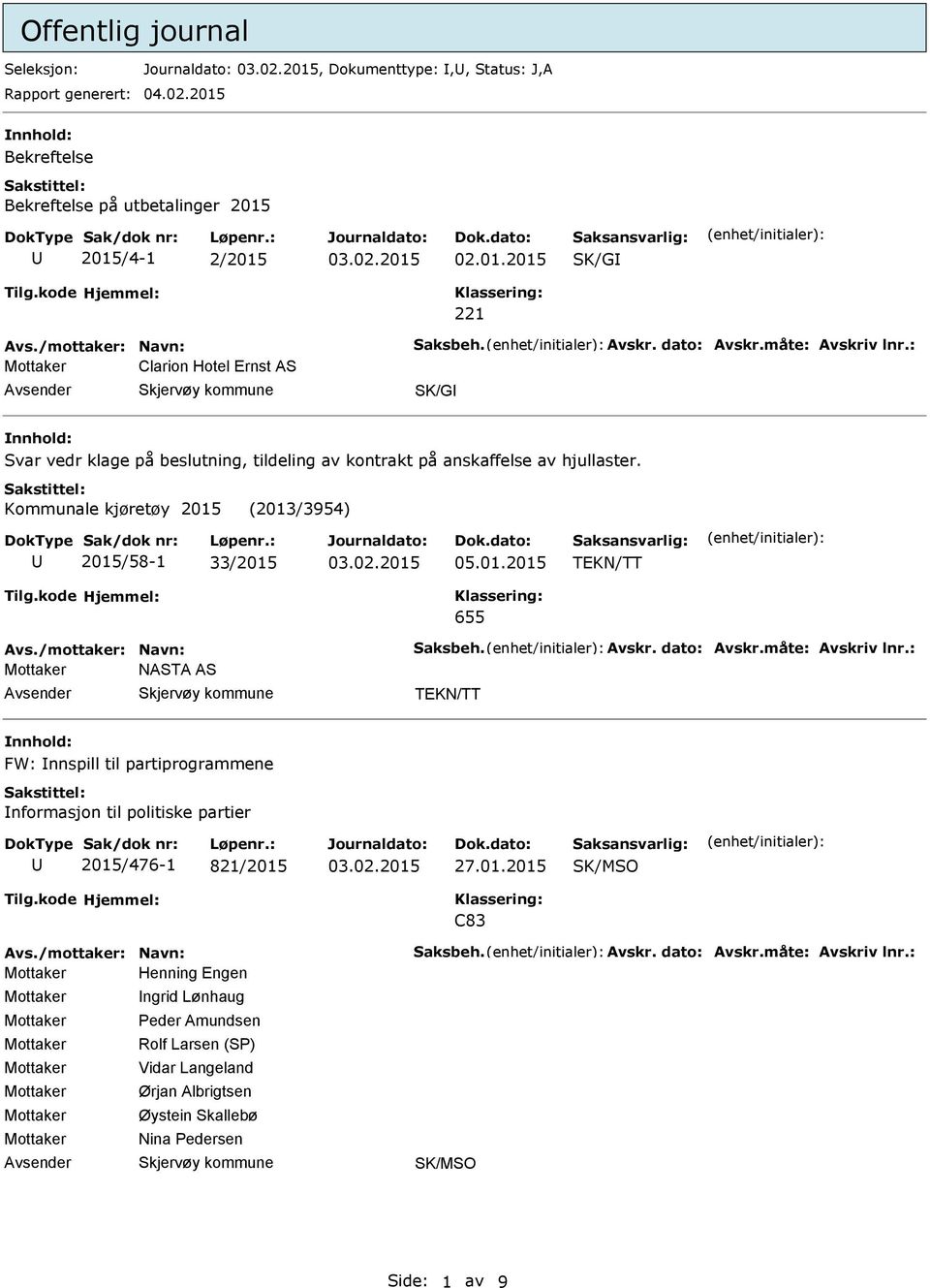 Kommunale kjøretøy 2015 (2013/3954) 2015/58-1 33/2015 05.01.2015 TEKN/TT 655 Avs./mottaker: Navn: Saksbeh. Avskr. dato: Avskr.måte: Avskriv lnr.