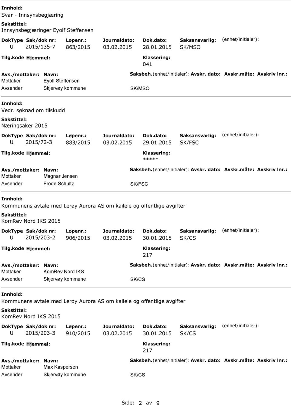 : Magnar Jensen Frode Schultz SK/FSC Kommunens avtale med Lerøy Aurora AS om kaileie og offentlige avgifter KomRev Nord KS 2015 2015/203-2 906/2015 30.01.2015 SK/CS 217 Avs./mottaker: Navn: Saksbeh.