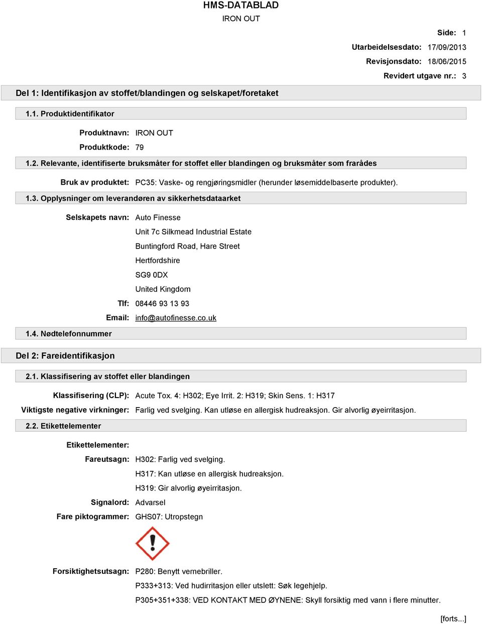 : Vaske- og rengjøringsmidler (herunder løsemiddelbaserte produkter). 1.3.