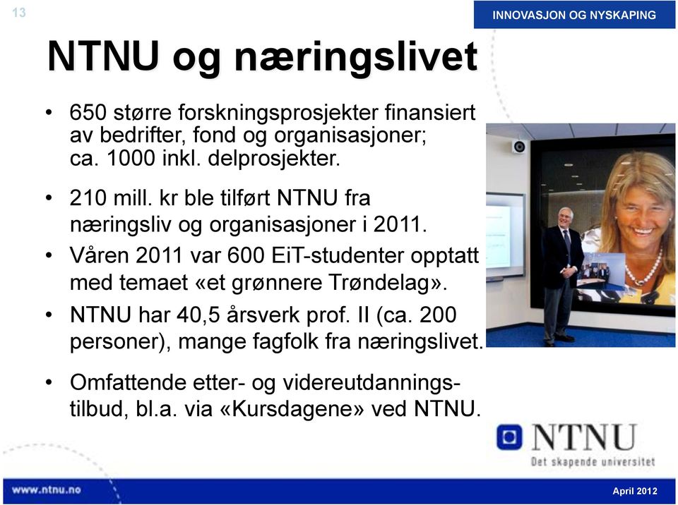 Våren 2011 var 600 EiT-studenter opptatt med temaet «et grønnere Trøndelag». NTNU har 40,5 årsverk prof. II (ca.