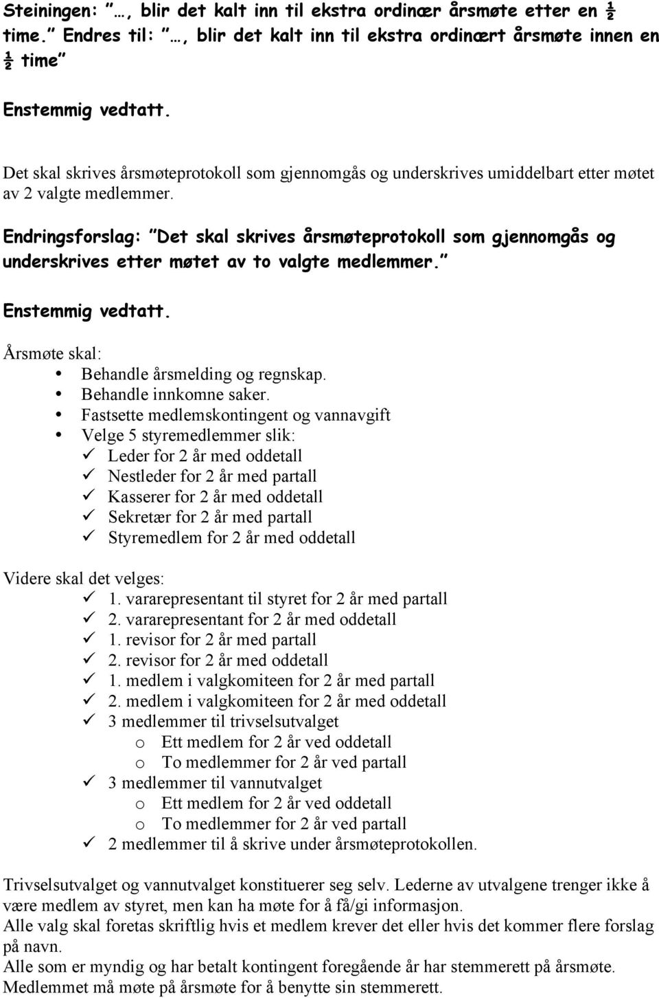 Endringsforslag: Det skal skrives årsmøteprotokoll som gjennomgås og underskrives etter møtet av to valgte medlemmer. Årsmøte skal: Behandle årsmelding og regnskap. Behandle innkomne saker.