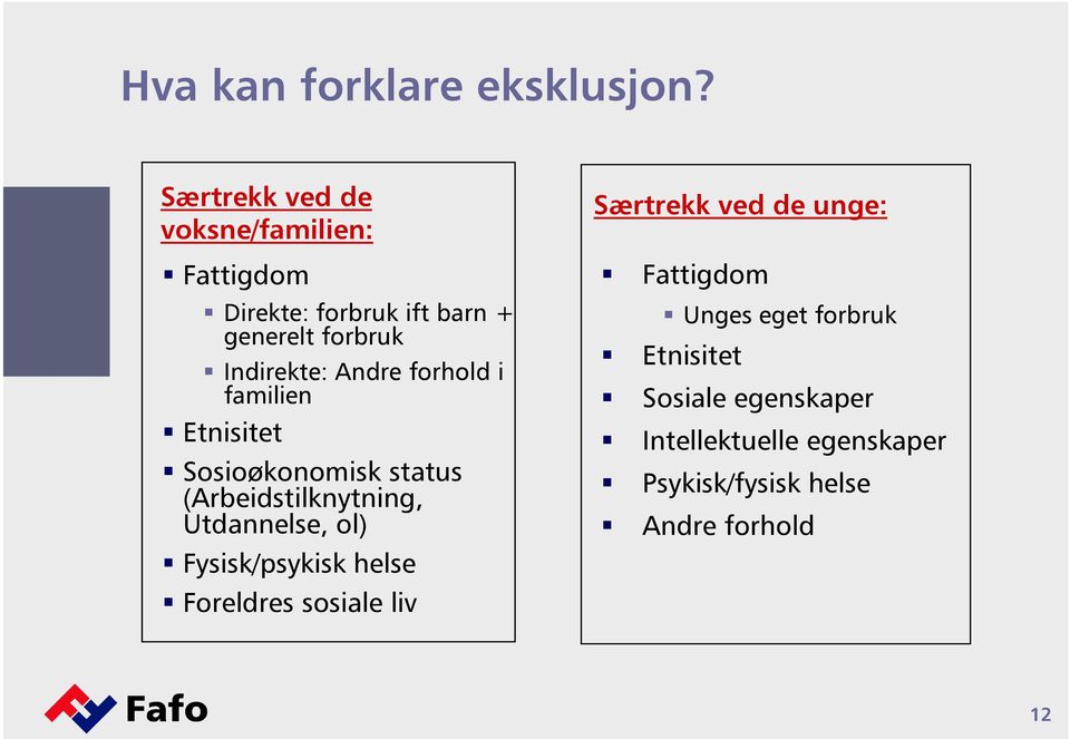 Andre forhold i familien Etnisitet Sosioøkonomisk status (Arbeidstilknytning, Utdannelse, ol)