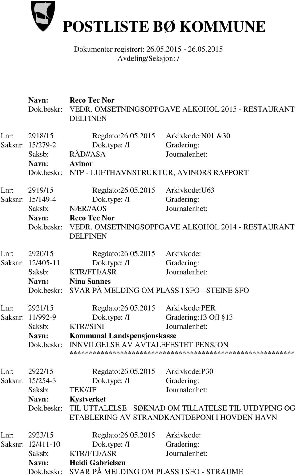 type: /I Gradering: Saksb: NÆR//AOS Journalenhet: Navn: Reco Tec Nor Dok.beskr: VEDR. OMSETNINGSOPPGAVE ALKOHOL 2014 - RESTAURANT DELFINEN Lnr: 2920/15 Regdato:26.05.