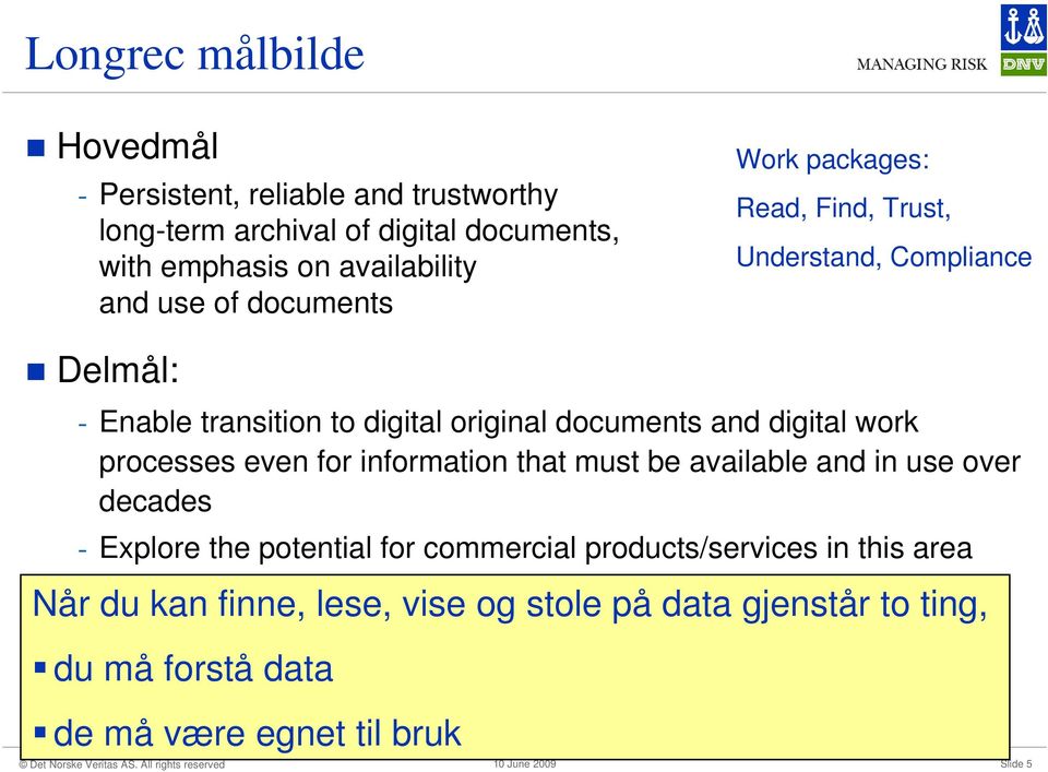 and digital work processes even for information that must be available and in use over decades - Explore the potential for commercial