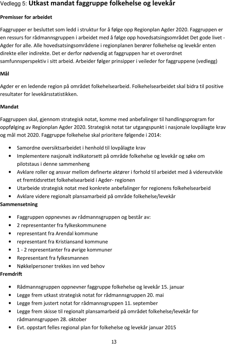 Alle hovedsatsingsområdene i regionplanen berører folkehelse og levekår enten direkte eller indirekte. Det er derfor nødvendig at faggruppen har et overordnet samfunnsperspektiv i sitt arbeid.