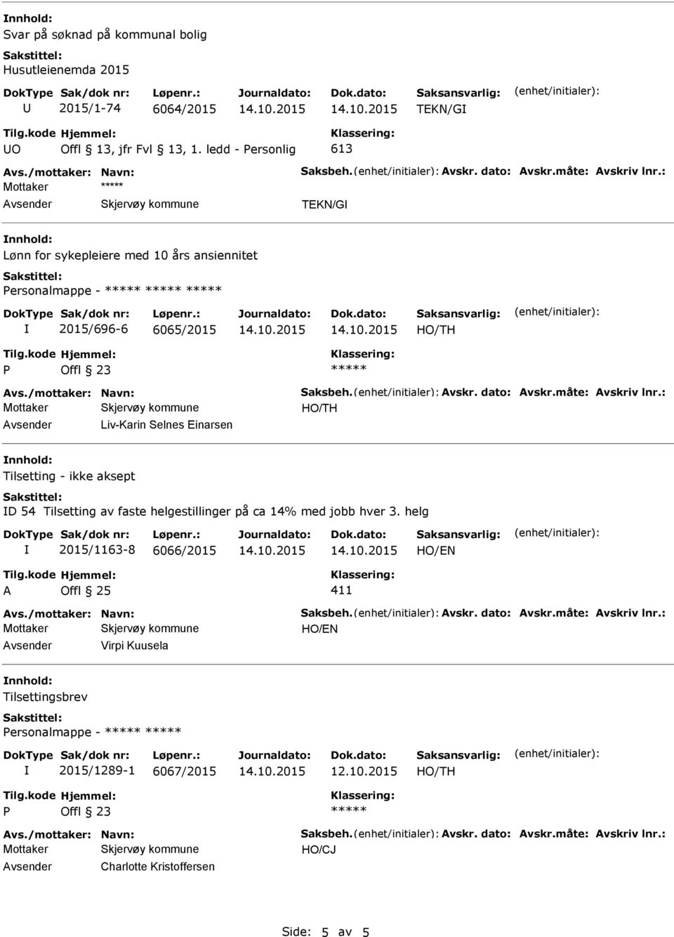 helg 2015/1163-8 6066/2015 HO/EN A Offl 25 411 Avs./mottaker: Navn: Saksbeh. Avskr. dato: Avskr.måte: Avskriv lnr.: HO/EN Virpi Kuusela nnhold: Tilsettingsbrev ersonalmappe - 2015/1289-1 6067/2015 12.