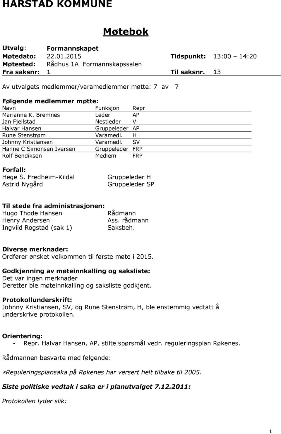 Bremnes Leder AP Jan Fjellstad Nestleder V Halvar Hansen Gruppeleder AP Rune Stenstrøm Varamedl. H Johnny Kristiansen Varamedl.