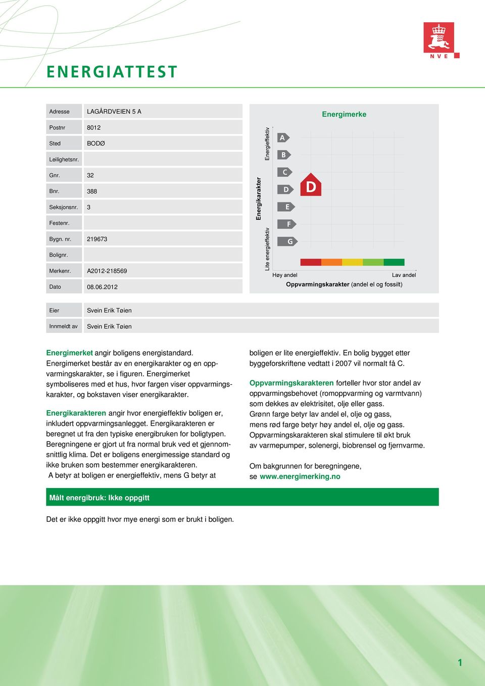 Energimerket symboliseres med et hus, hvor fargen viser oppvarmingskarakter, og bokstaven viser energikarakter. Energikarakteren angir hvor energieffektiv boligen er, inkludert oppvarmingsanlegget.