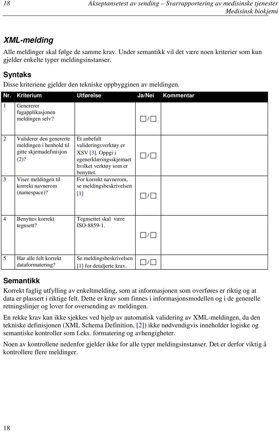 Kriterium Utførelse JaNei Kommentar 1 Genererer fagapplikasjonen meldingen selv? 2 Validerer den genererte meldingen i henhold til gitte skjemadefinisjon (2)?