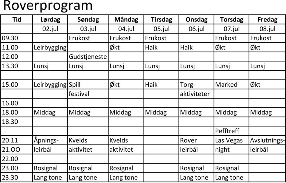 00 Leirbygging Spill- Økt Haik Torg- Marked Økt festival aktiviteter 16.00 18.00 Middag Middag Middag Middag Middag Middag Middag 18.30 Pefftreff 20.