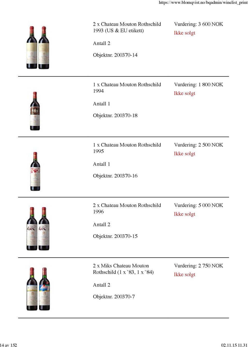 200370-18 1 x Chateau Mouton Rothschild 1995 Vurdering: 2 500 NOK Objektnr.