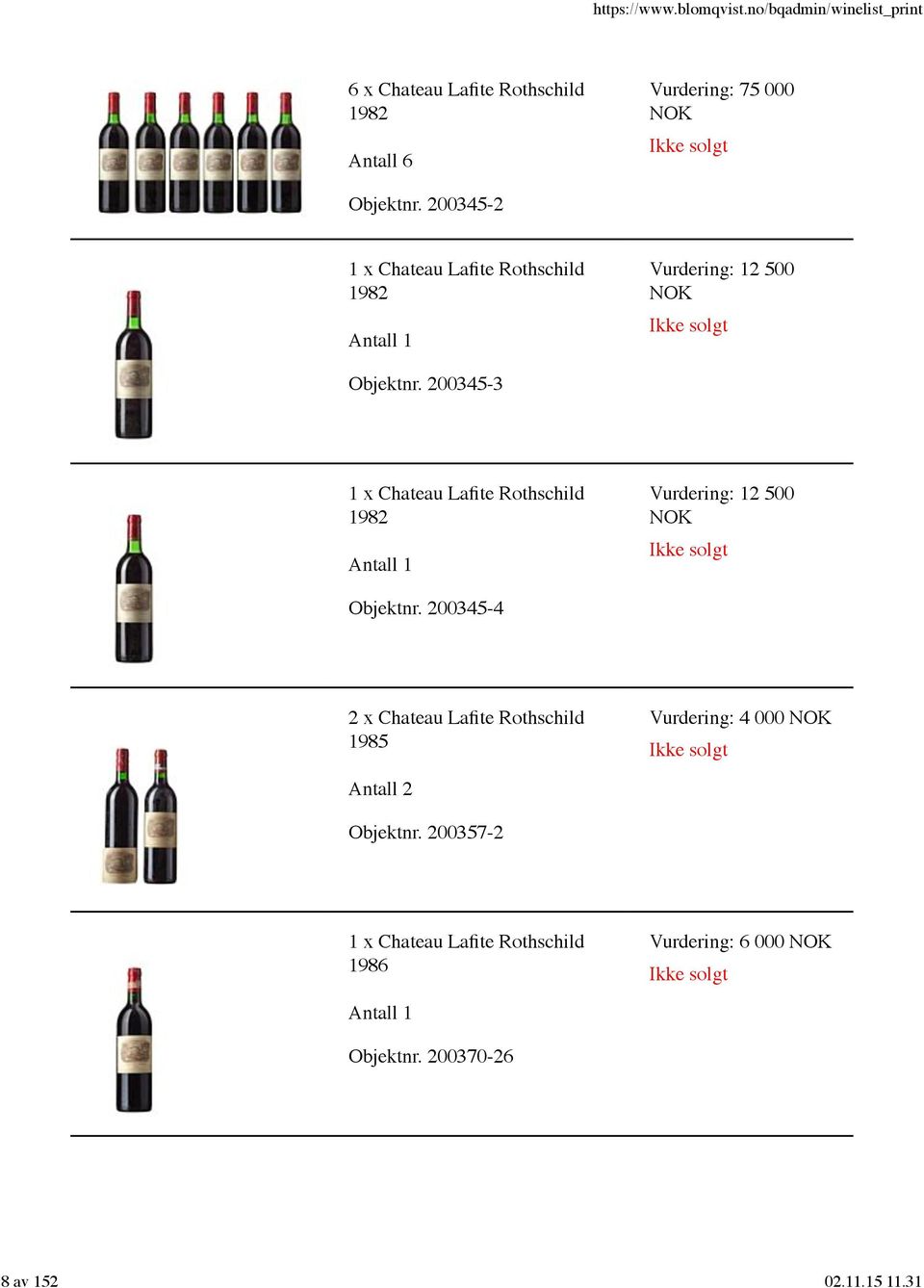 200345-3 1 x Chateau Lafite Rothschild 1982 Vurdering: 12 500 NOK Objektnr.