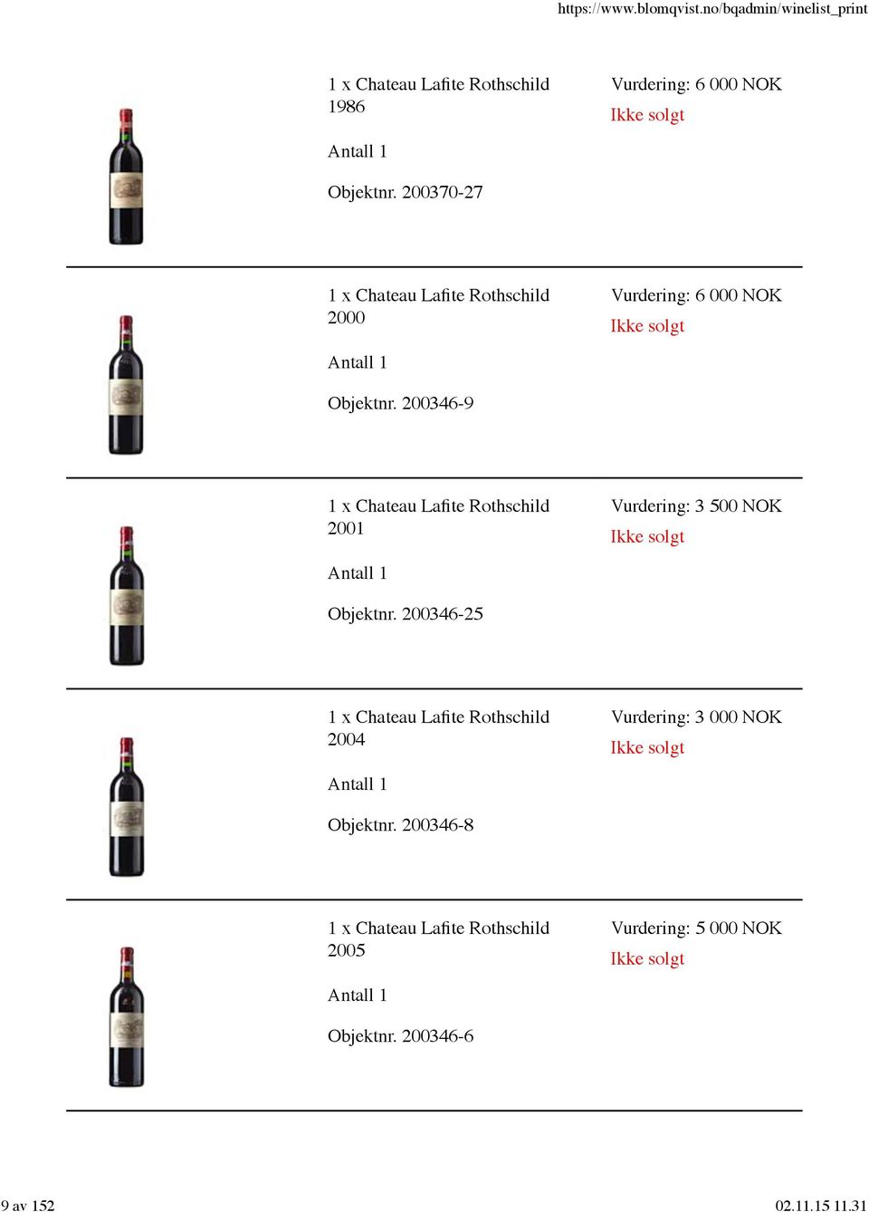 200346-9 1 x Chateau Lafite Rothschild 2001 Vurdering: 3 500 NOK Objektnr.