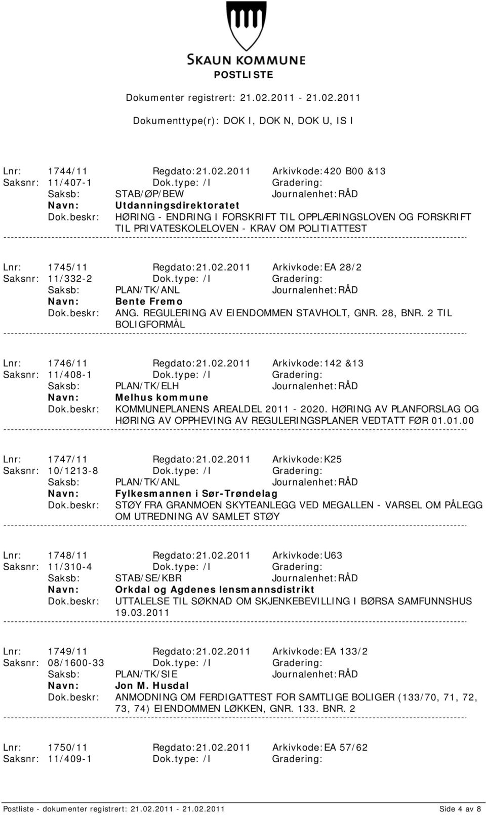 Regdato:21.02.2011 Arkivkode:EA 28/2 Saksnr: 11/332-2 Dok.type: /I Gradering: Saksb: PLAN/TK/ANL Journalenhet:RÅD Bente Fremo ANG. REGULERING AV EIENDOMMEN STAVHOLT, GNR. 28, BNR.