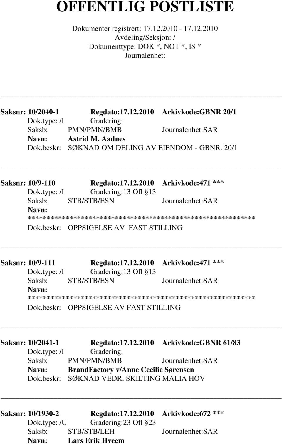 12.2010 Arkivkode:GBNR 61/83 Saksb: PMN/PMN/BMB SAR BrandFactory v/anne Cecilie Sørensen Dok.beskr: SØKNAD VEDR. SKILTING MALIA HOV Saksnr: 10/1930-2 Regdato:17.12.2010 Arkivkode:672 *** Dok.