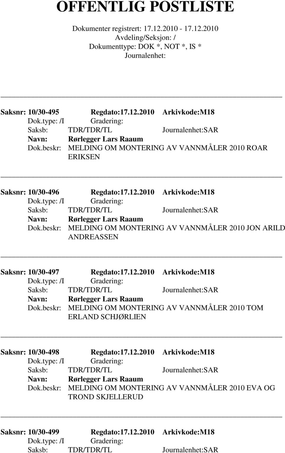 beskr: MELDING OM MONTERING AV VANNMÅLER 2010 JON ARILD ANDREASSEN Saksnr: 10/30-497 Regdato:17.12.2010 Arkivkode:M18 Dok.