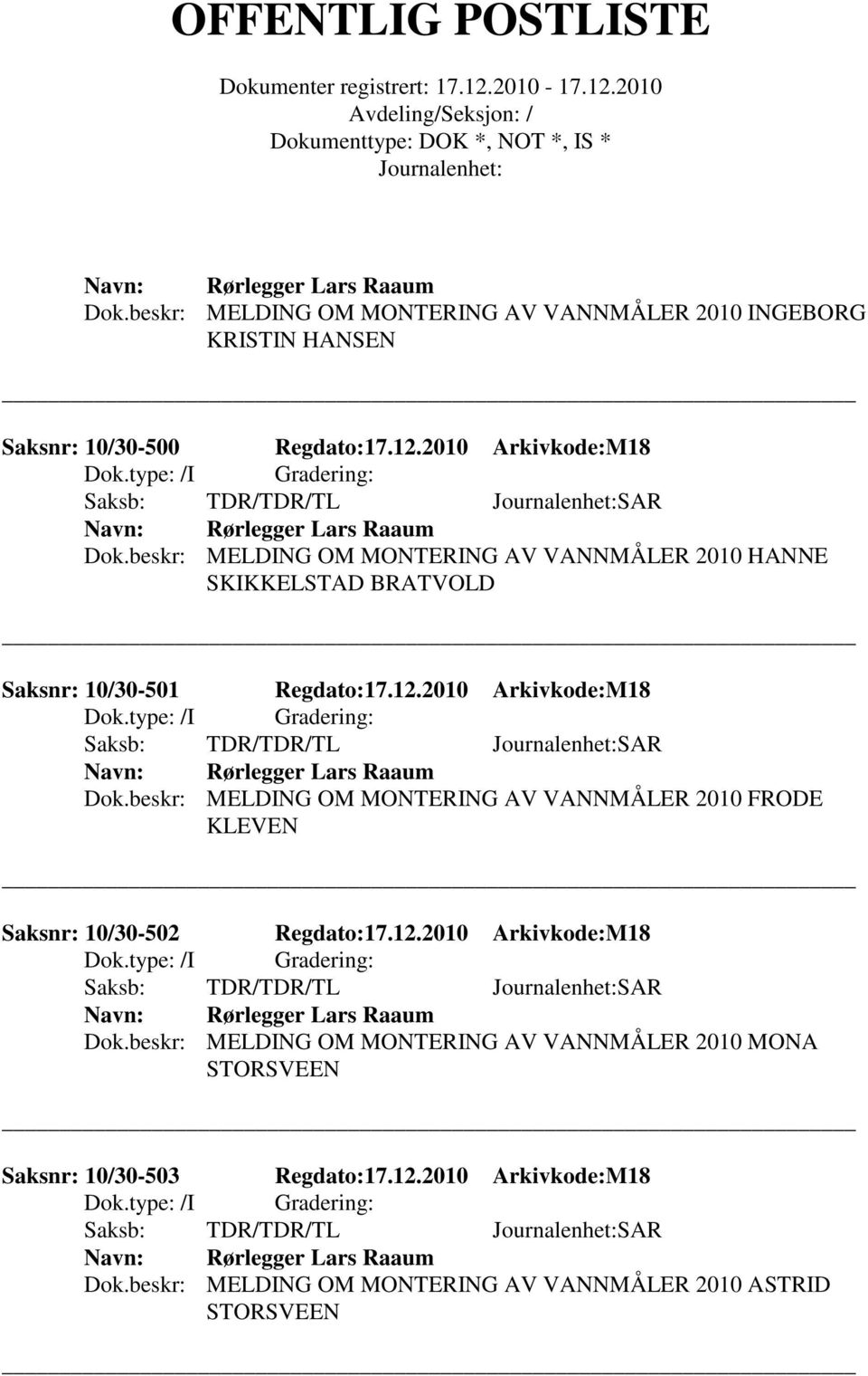 beskr: MELDING OM MONTERING AV VANNMÅLER 2010 FRODE KLEVEN Saksnr: 10/30-502 Regdato:17.12.2010 Arkivkode:M18 Dok.