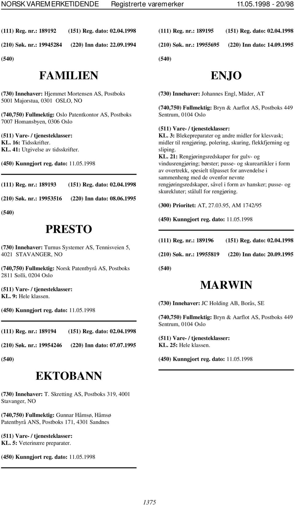 16: Tidsskrifter. KL. 41: Utgivelse av tidsskrifter. (111) Reg. nr.: 189193 (151) Reg. dato: 02.04.1998 (210) Søk. nr.: 19953516 (220) Inn dato: 08.06.