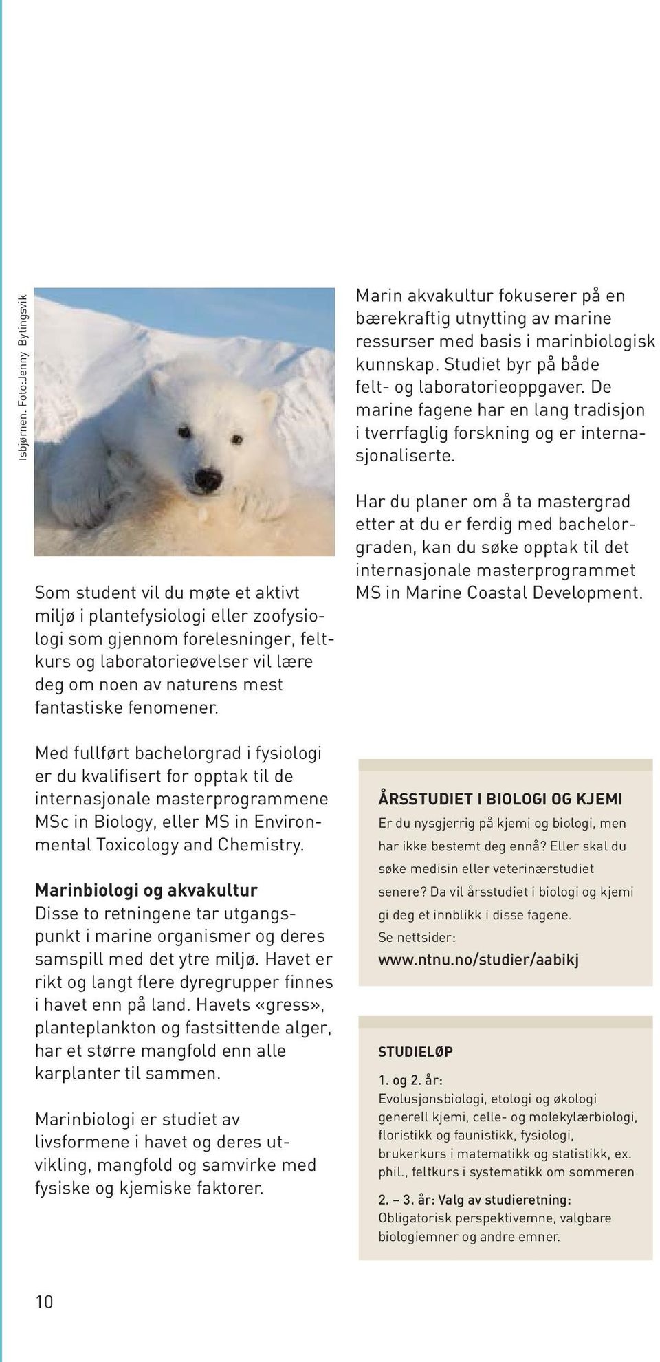 fantastiske fenomener. Med fullført bachelorgrad i fysiologi er du kvalifisert for opptak til de internasjonale masterprogrammene MSc in Biology, eller MS in Environmental Toxicology and Chemistry.