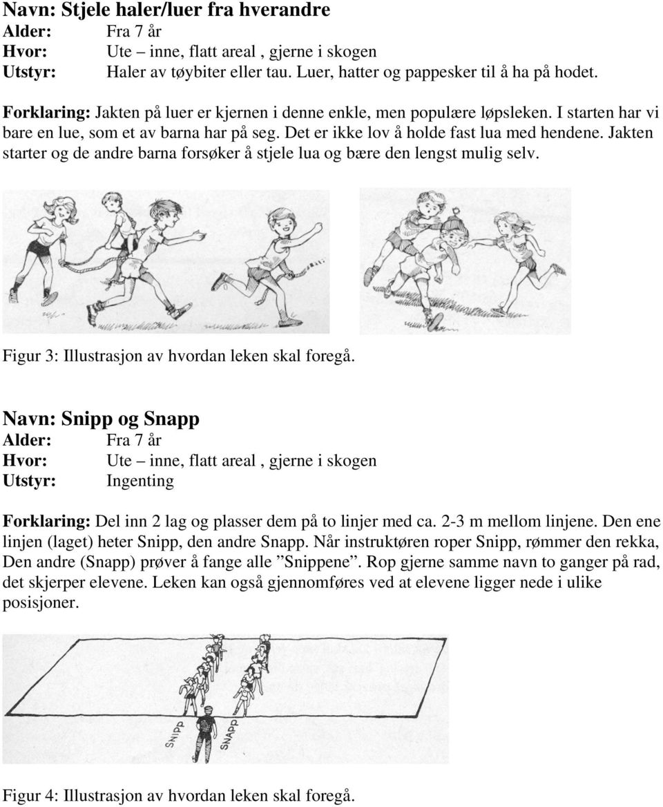 Figur 3: Illustrasjon av hvordan leken skal foregå. Navn: Snipp og Snapp Utstyr: Ingenting Forklaring: Del inn 2 lag og plasser dem på to linjer med ca. 2-3 m mellom linjene.
