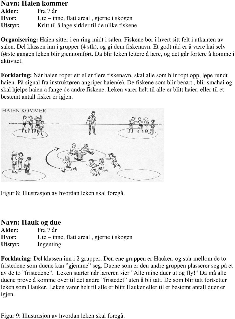 Forklaring: Når haien roper ett eller flere fiskenavn, skal alle som blir ropt opp, løpe rundt haien. På signal fra instruktøren angriper haien(e).