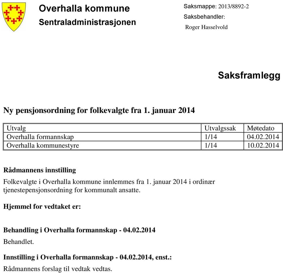 2014 Overhalla kommunestyre 1/14 10.02.2014 Rådmannens innstilling Folkevalgte i Overhalla kommune innlemmes fra 1.