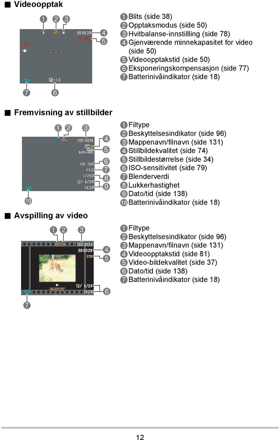 Avspilling av video 7 12 3 4 5 6 7 8 9 4 5 6 1Filtype 2Beskyttelsesindikator (side 96) 3Mappenavn/filnavn (side 131) 4Stillbildekvalitet (side 74) 5Stillbildestørrelse (side 34)