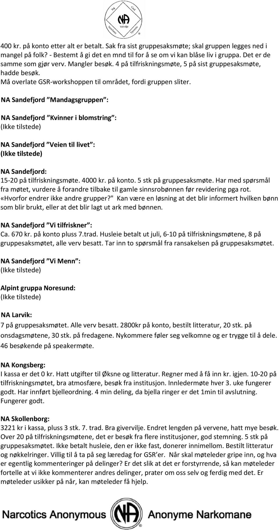 NA Sandefjord Mandagsgruppen : NA Sandefjord Kvinner i blomstring : NA Sandefjord Veien til livet : NA Sandefjord: 15-20 på tilfriskningsmøte. 4000 kr. på konto. 5 stk på gruppesaksmøte.