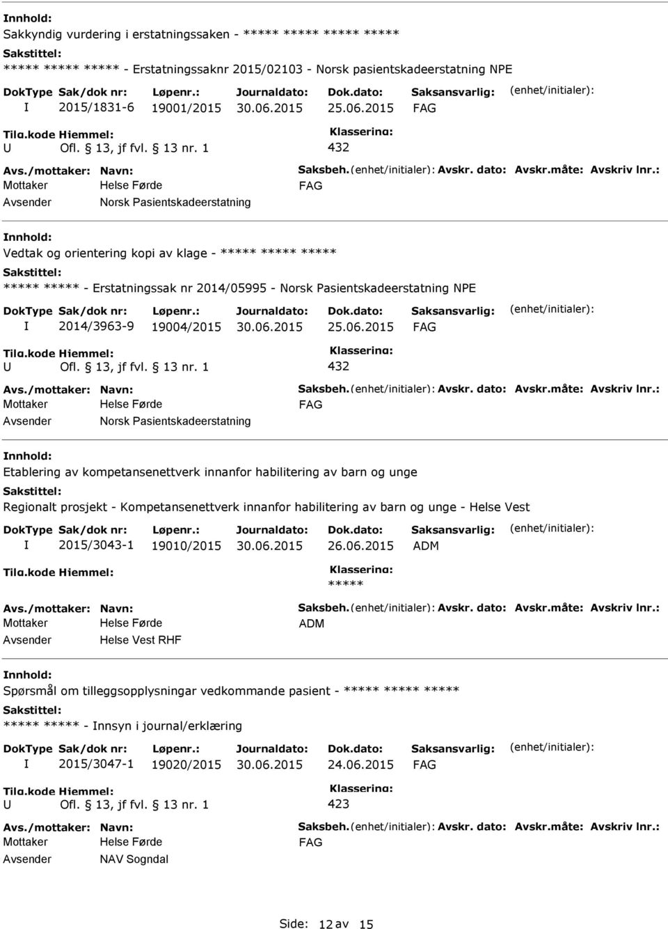 : Norsk asientskadeerstatning Vedtak og orientering kopi av klage - ***** ***** ***** ***** ***** - Erstatningssak nr 2014/05995 - Norsk asientskadeerstatning NE 2014/3963-9 19004/2015 432 Avs.