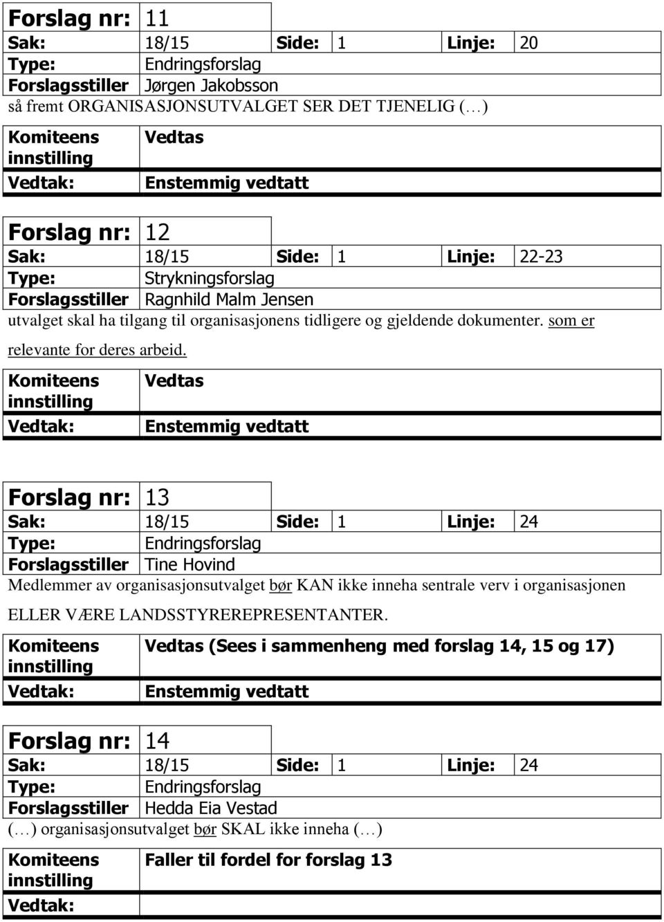 Vedtas Forslag nr: 13 Sak: 18/15 Side: 1 Linje: 24 Forslagsstiller Tine Hovind Medlemmer av organisasjonsutvalget bør KAN ikke inneha sentrale verv i organisasjonen ELLER VÆRE