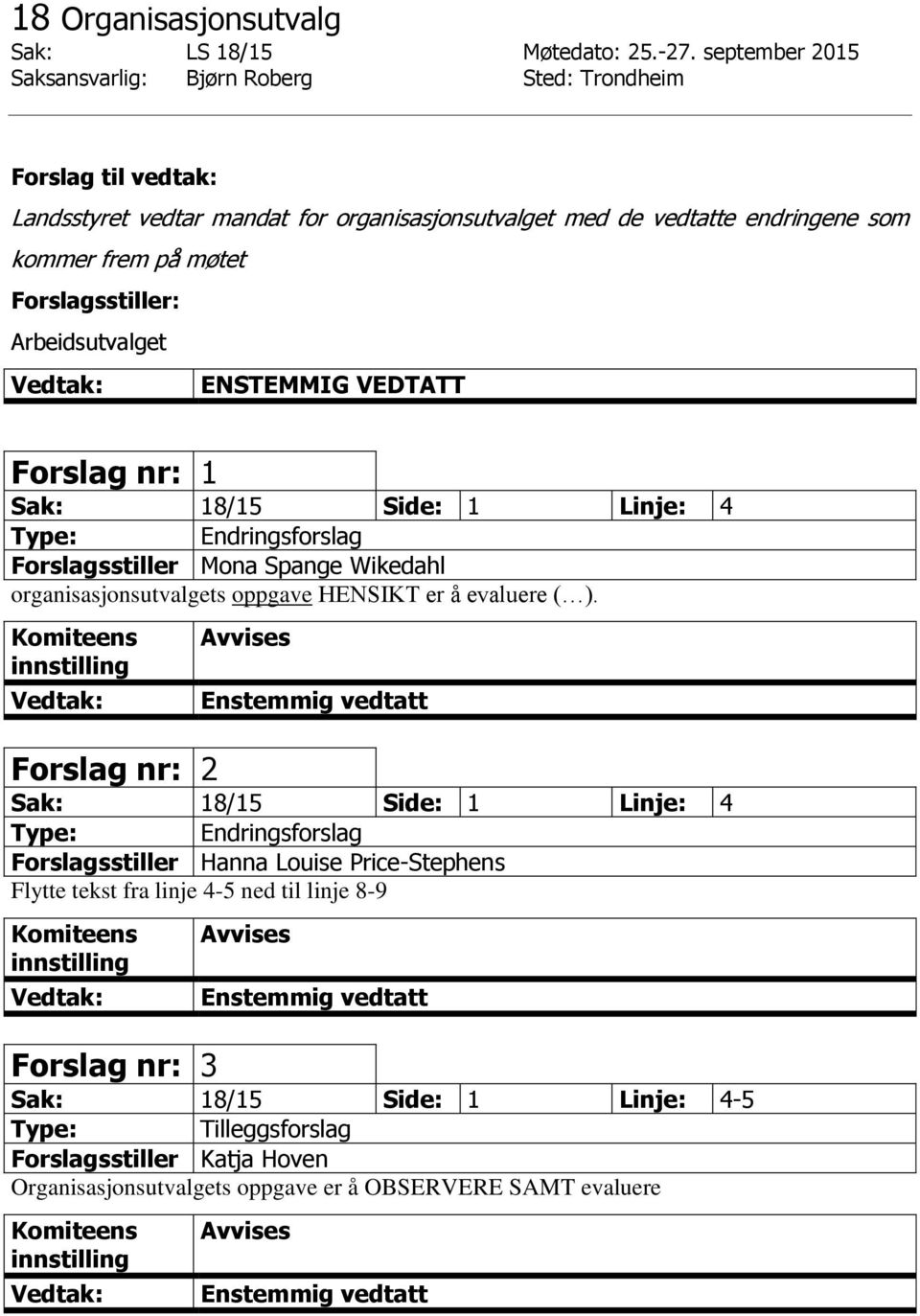 på møtet ENSTEMMIG VEDTATT Forslag nr: 1 Sak: 18/15 Side: 1 Linje: 4 Forslagsstiller Mona Spange Wikedahl organisasjonsutvalgets oppgave HENSIKT er å evaluere ( ).