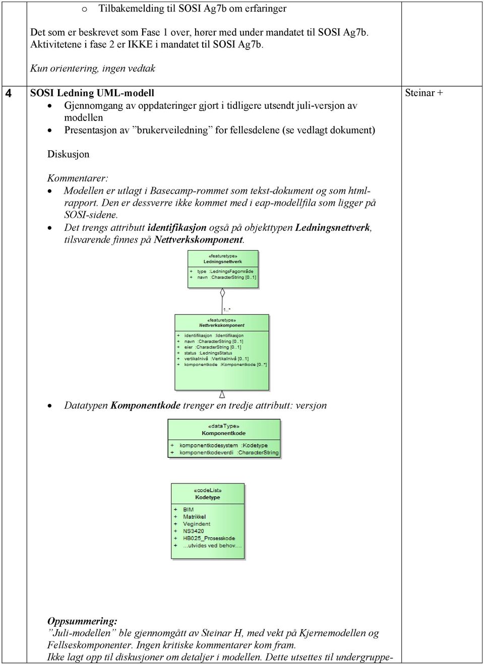 dokument) Steinar + Diskusjon Kommentarer: Modellen er utlagt i Basecamp-rommet som tekst-dokument og som htmlrapport. Den er dessverre ikke kommet med i eap-modellfila som ligger på SOSI-sidene.