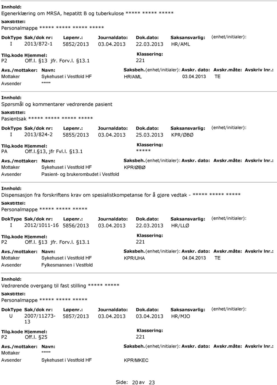 : KPR/ØBØ Pasient- og brukerombudet i Vestfold Dispensasjon fra forskriftens krav om spesialistkompetanse for å gjøre vedtak - 2012/1011-16 5856/2013 22.03.2013 HR/LLØ Avs.