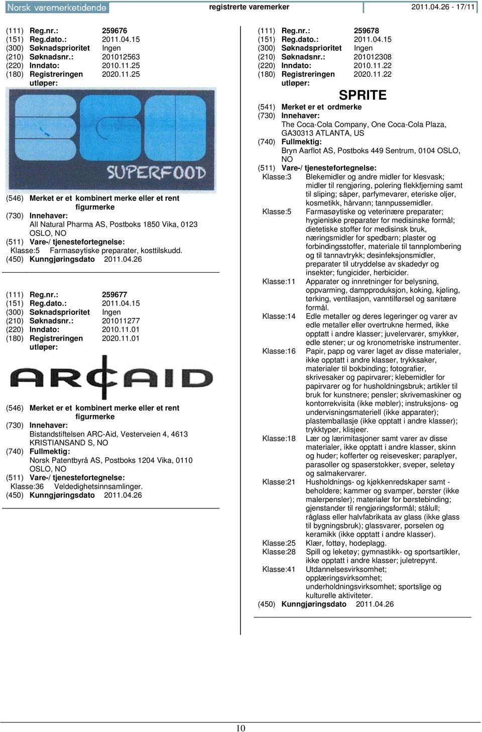 ARC-Aid, Vesterveien 4, 4613 KRISTIANSAND S, Norsk Patentbyrå AS, Postboks 1204 Vika, 0110 OSLO, Klasse:36 Veldedighetsinnsamlinger. (111) Reg.nr.: 259678 (151) Reg.dato.: 2011.04.15 (210) Søknadsnr.