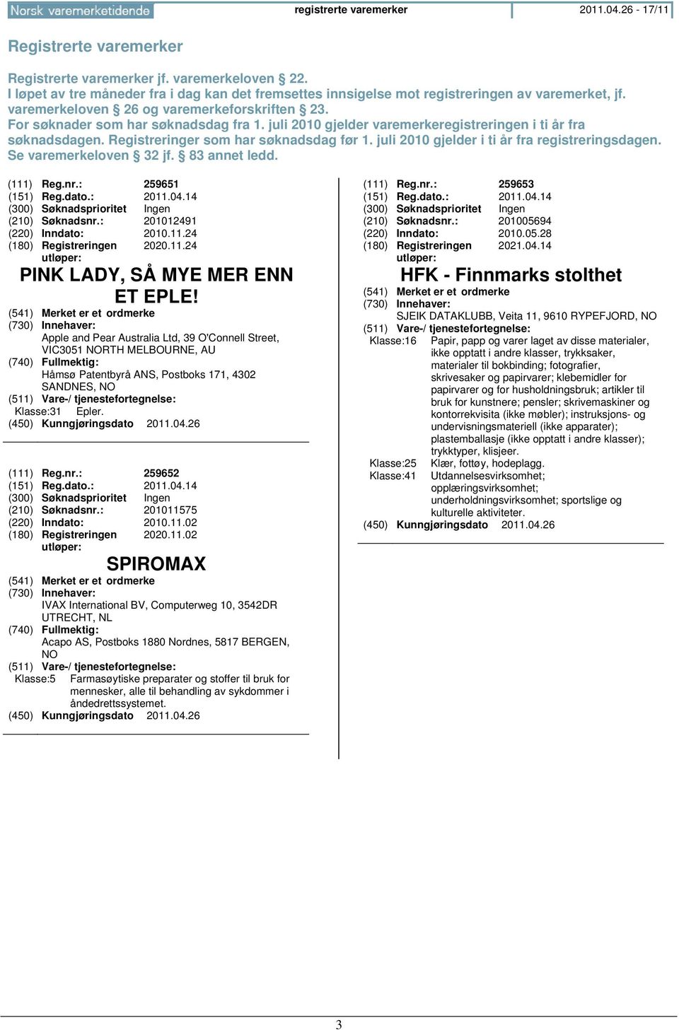 juli 2010 gjelder varemerkeregistreringen i ti år fra søknadsdagen. Registreringer som har søknadsdag før 1. juli 2010 gjelder i ti år fra registreringsdagen. Se varemerkeloven 32 jf. 83 annet ledd.