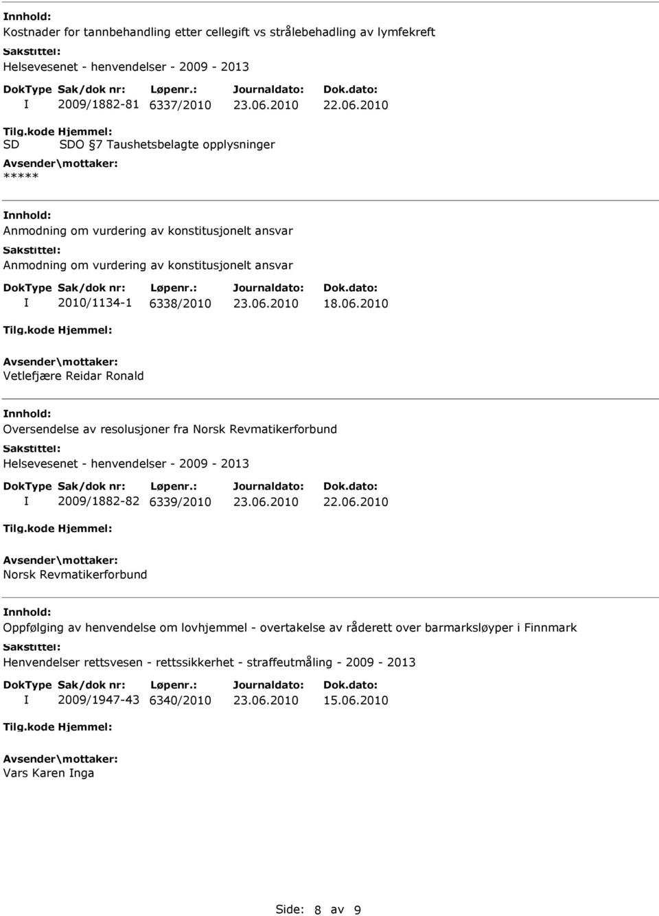 2010 Vetlefjære Reidar Ronald Oversendelse av resolusjoner fra Norsk Revmatikerforbund Helsevesenet - henvendelser - 2009-2013 2009/1882-82 6339/2010 Norsk Revmatikerforbund