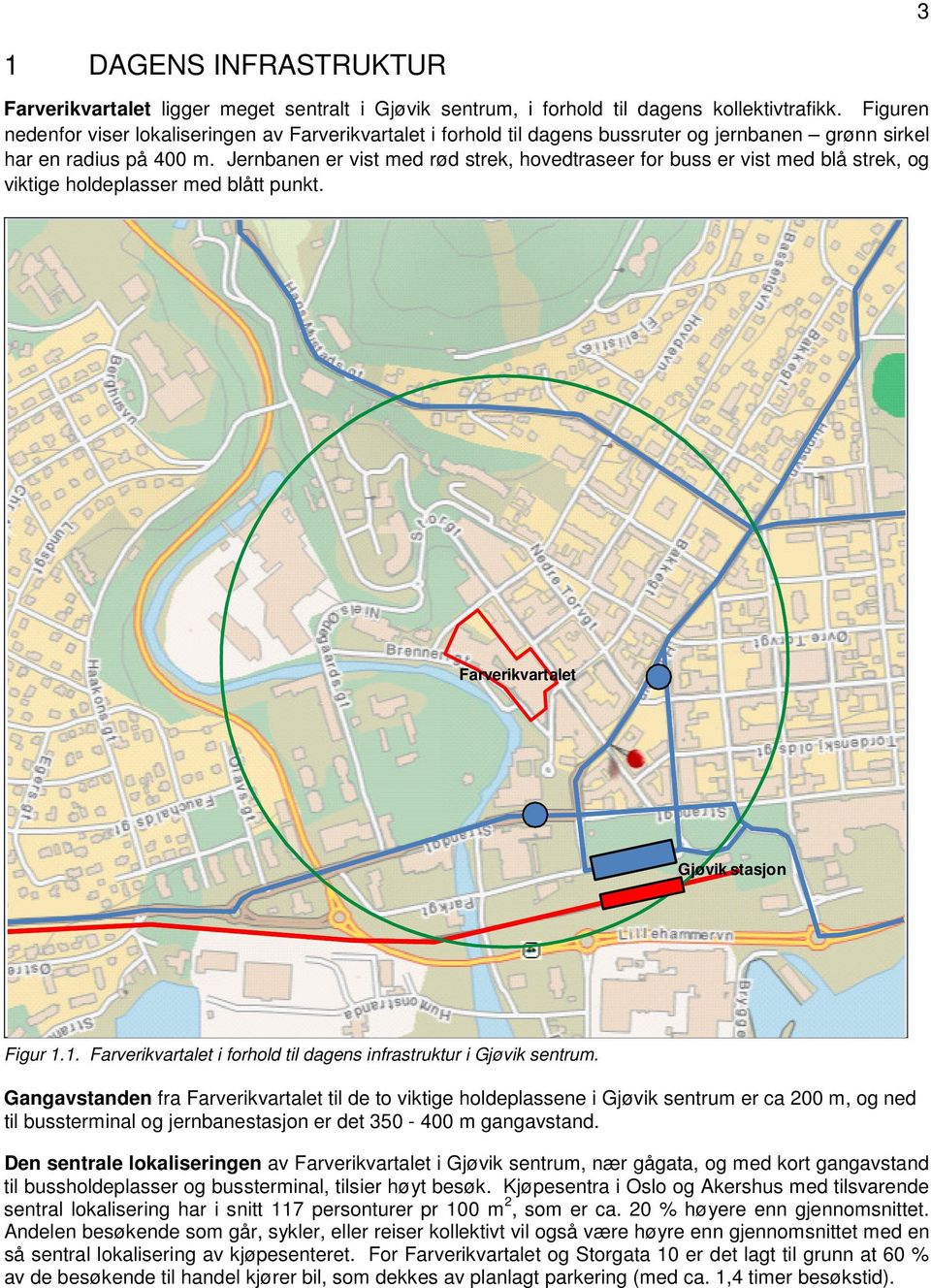 Jernbanen er vist med rød strek, hovedtraseer for buss er vist med blå strek, og viktige holdeplasser med blått punkt. Farverikvartalet Gjøvik stasjon Figur 1.