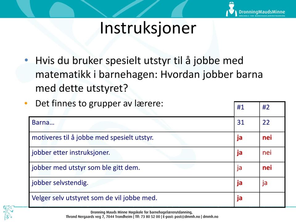 Det finnes to grupper av lærere: #1 #2 Barna 31 22 motiveres til å jobbe med spesielt utstyr.