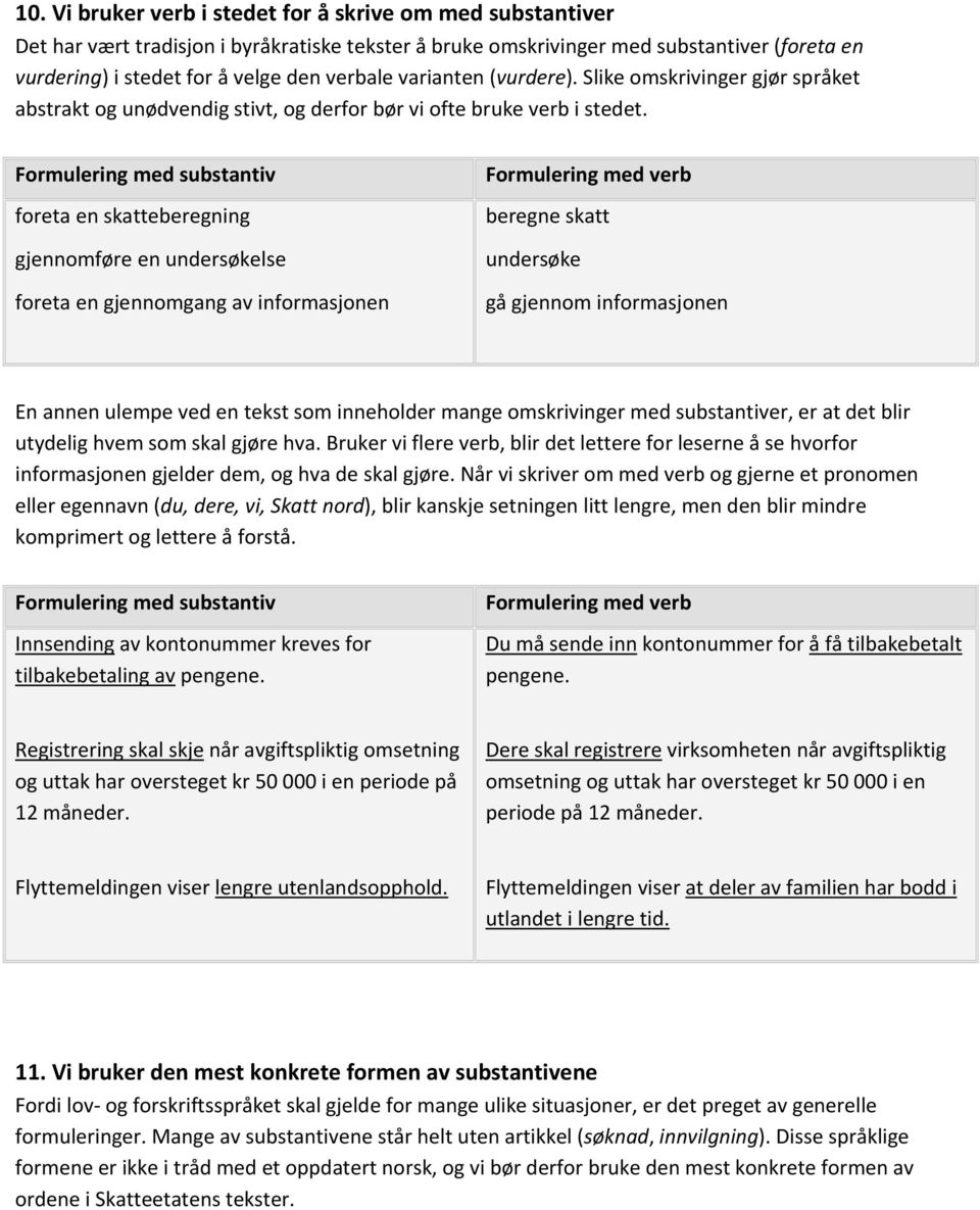 Formulering med substantiv foreta en skatteberegning gjennomføre en undersøkelse foreta en gjennomgang av informasjonen Formulering med verb beregne skatt undersøke gå gjennom informasjonen En annen