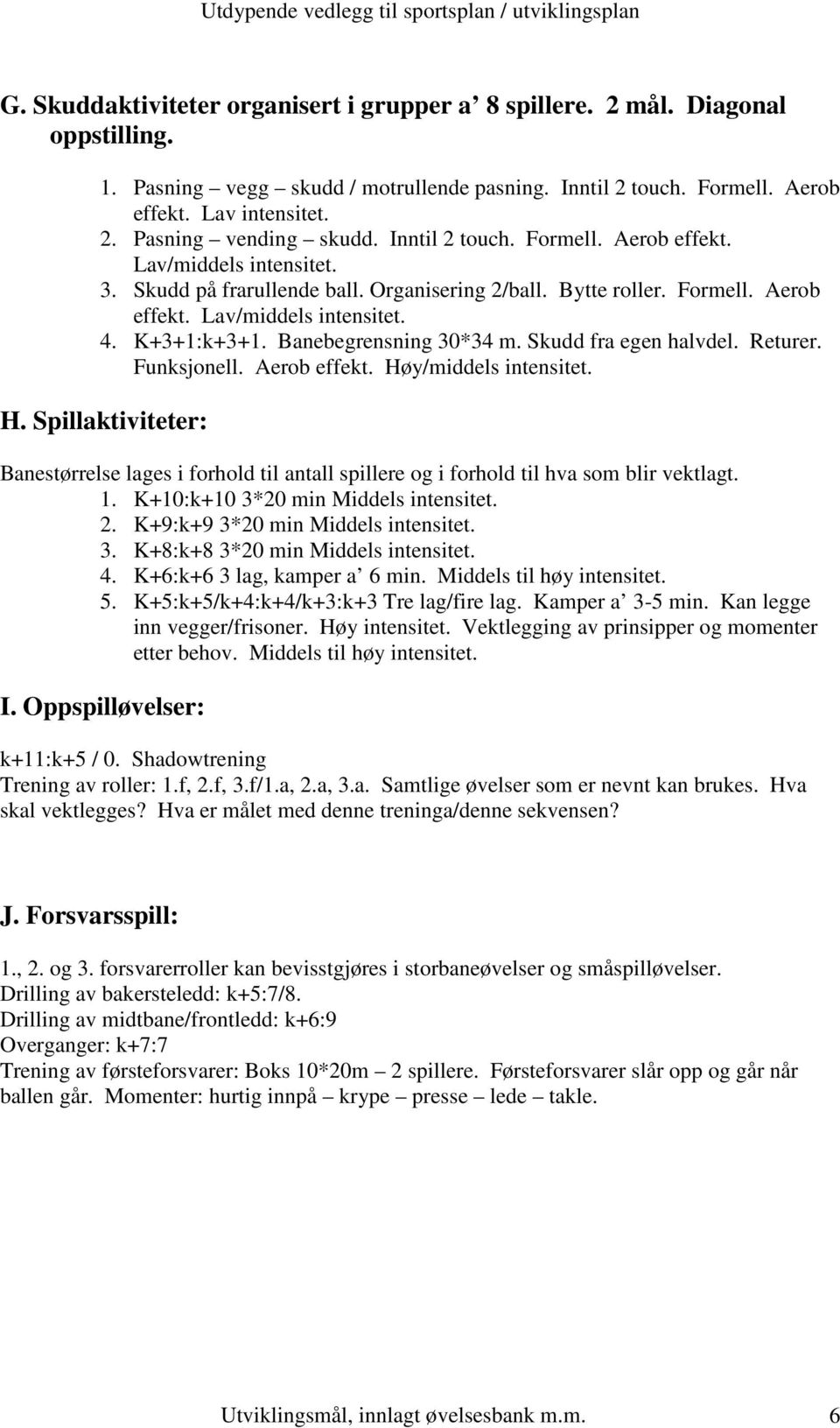 Banebegrensning 30*34 m. Skudd fra egen halvdel. Returer. Funksjonell. Aerob effekt. Høy/middels intensitet. H. Spillaktiviteter: Banestørrelse lages i forhold til antall spillere og i forhold til hva som blir vektlagt.