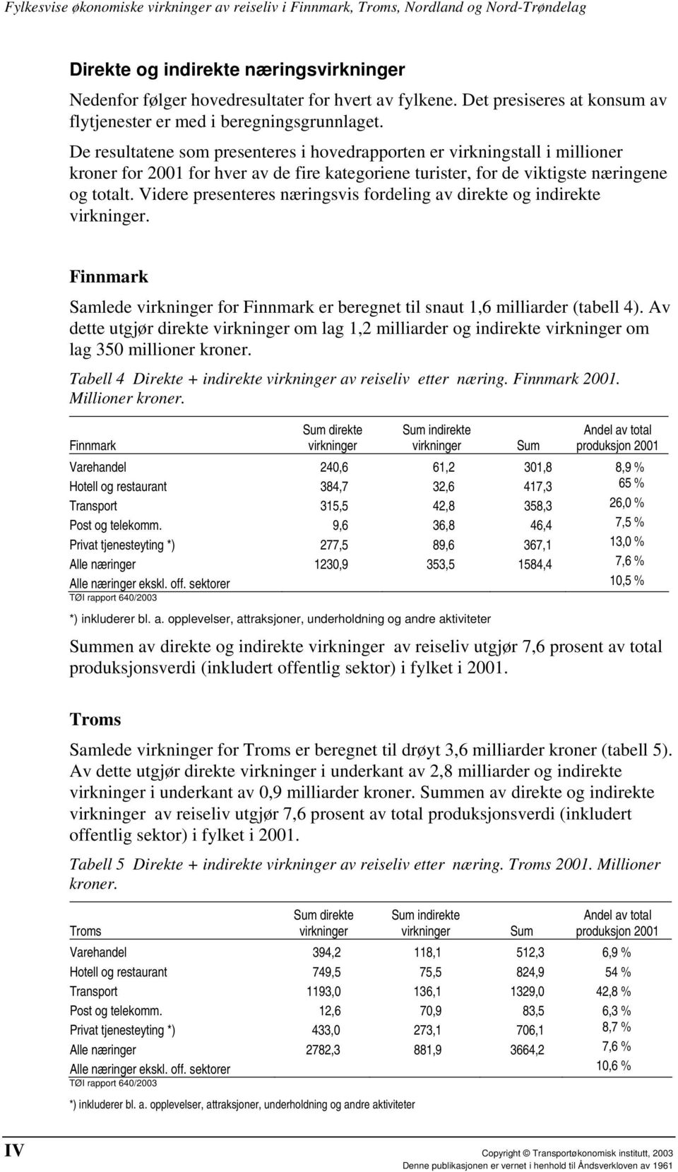 De resultatene som presenteres i hovedrapporten er virkningstall i millioner kroner for 2001 for hver av de fire kategoriene turister, for de viktigste næringene og totalt.